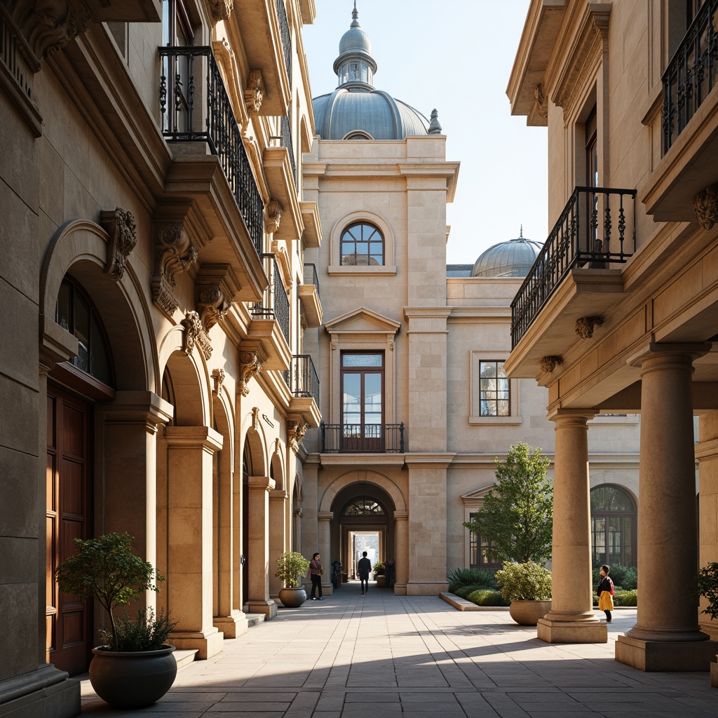 Prompt: Ornate classical buildings, intricately carved columns, ornamental moldings, grandiose entranceways, symmetrical facades, subtle arches, elegant domes, refined stucco textures, soft warm lighting, shallow depth of field, 3/4 composition, panoramic view, realistic textures, ambient occlusion.