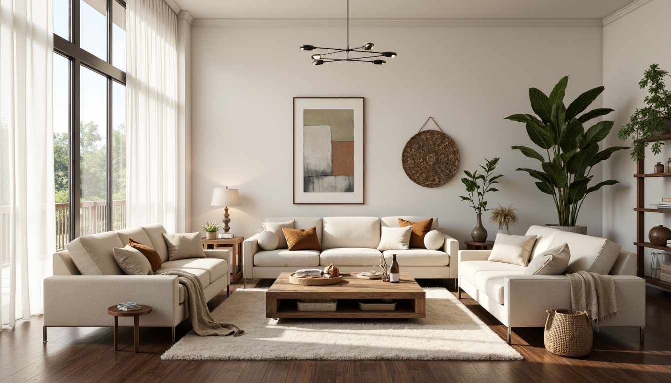 Prompt: Cozy living room, plush sofas, soft velvet upholstery, wooden coffee tables, modern minimalist decor, neutral color palette, creamy white walls, dark hardwood floors, floor-to-ceiling windows, natural light, sheer curtains, pendant lighting, abstract artwork, greenery, potted plants, woven baskets, comfortable throw pillows, soft blankets, warm beige tones, rustic wood accents, elegant chrome legs.