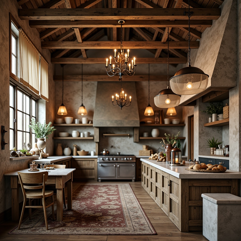 Prompt: Rustic farmhouse interior, vintage metal lanterns, distressed wood accents, earthy color palette, natural textiles, pendant lights, candle chandeliers, wrought iron fixtures, linen shades, warm ambient lighting, soft warm glow, cozy atmosphere, country-inspired decor, antique metalware, wooden beams, stone fireplaces, rustic kitchen islands.