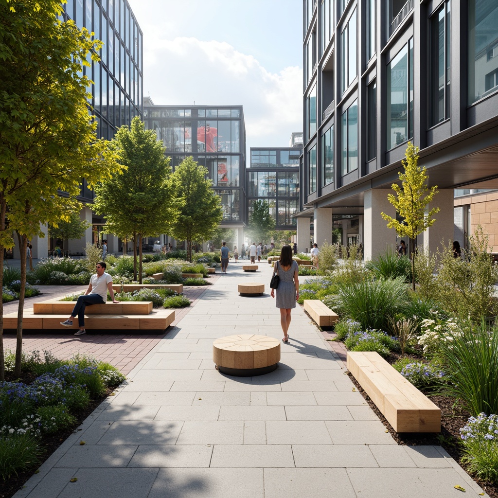 Prompt: Contemporary public plaza, sleek modern benches, lush greenery, vibrant street art, urban landscape, minimalist water features, natural stone flooring, geometric patterns, steel structures, glass canopies, ambient lighting, shallow depth of field, 3/4 composition, panoramic view, realistic textures, misting systems, warm sunny day, soft focus effect.