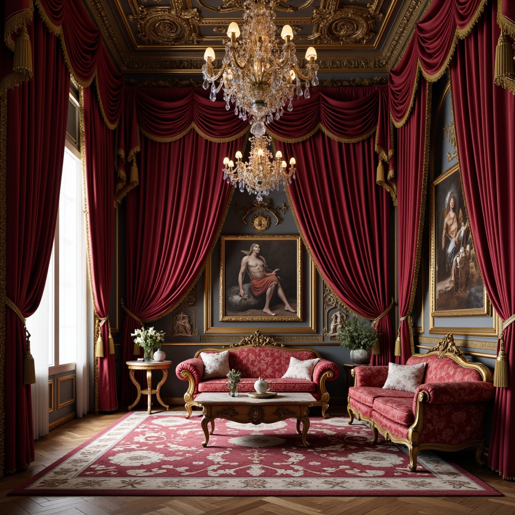 Prompt: Rich velvet drapes, luxurious silk fabrics, intricate gold embroidery, ornate floral patterns, crimson red hues, regal purple tones, heavy tapestries, golden tassels, lavish furnishings, opulent upholstery, Renaissance-inspired designs, grandiose chandeliers, dramatic lighting effects, ornamental mirrors, carved wooden accents, antique furniture pieces, lavish drapery, majestic archways, sweeping curves, Baroque-style ornamentation.