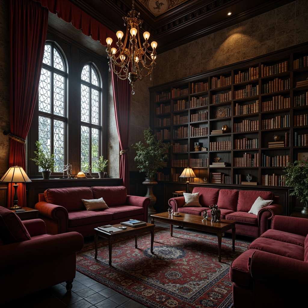 Prompt: Dark academia-inspired interior, ornate wooden furniture, rich velvet fabrics, mysterious ambiance, grandiose chandeliers, medieval-style tapestries, stone walls, stained glass windows, heavy drapery, mystical artifacts, ancient tomes, dim warm lighting, shallow depth of field, 1/1 composition, dramatic shadows, realistic textures, ambient occlusion.