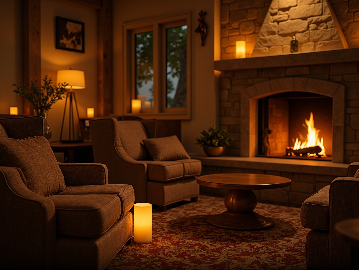 Prompt: Warm candlelight, soft glowing lanterns, dimmable LED lights, cozy reading nooks, plush armchairs, velvety textiles, earthy tone color palette, natural wood accents, stone fireplace, crackling fire sounds, warm beige walls, rich brown furniture, golden metal fixtures, intimate atmosphere, relaxed mood, subtle shadows, ambient glow, 1/1 composition, shallow depth of field, realistic rendering.