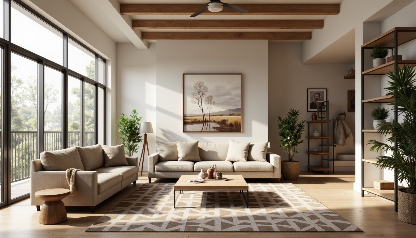 Prompt: Cozy family room, minimalistic decor, neutral color palette, soft warm lighting, comfortable sectional sofa, minimalist coffee table, geometric patterned rug, floor-to-ceiling windows, natural wood accents, industrial metal shelves, decorative greenery, calm atmosphere, shallow depth of field, 1/1 composition, realistic textures, ambient occlusion.