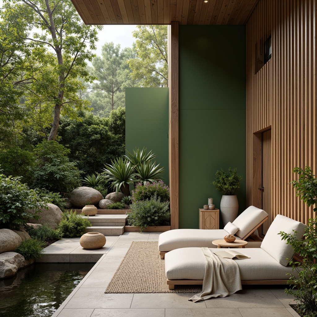 Prompt: Soothing natural ambiance, lush green walls, reclaimed wood accents, earthy tone color palette, woven fiber textiles, organic shapes, seamless stone flooring, calming water features, serene botanical gardens, soft diffused lighting, shallow depth of field, 2/3 composition, warm beige tones, cozy reading nooks, plush area rugs, natural linen upholstery, elegant simplicity, eco-friendly materials, subtle wood grains.