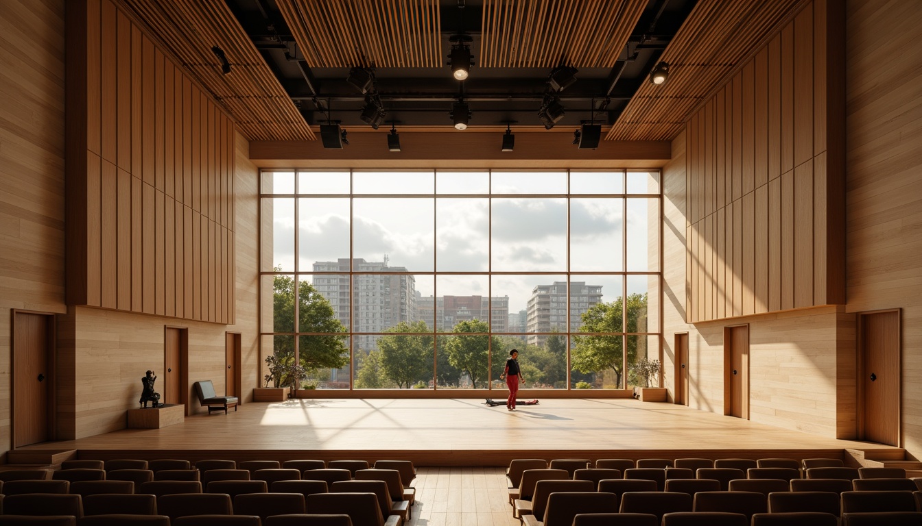 Prompt: Minimalist performance hall, wooden stage, Nordic-inspired architecture, natural light flooding, sound-absorbing acoustic panels, geometric patterns, warm beige tones, cozy atmosphere, plush theater seats, professional lighting systems, sleek wooden floors, floor-to-ceiling windows, urban cityscape views, cloudy sky, soft diffused lighting, 1/1 composition, intimate setting, realistic textures, ambient occlusion.