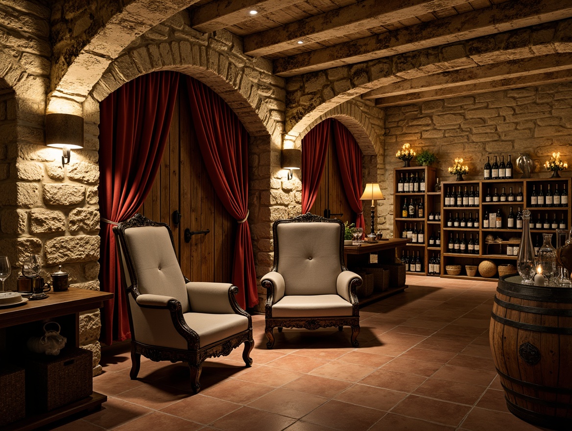 Prompt: Vintage wine cellar, distressed wooden racks, worn stone walls, soft candlelight, plush velvet drapes, antique furniture pieces, ornate metalware, rustic wooden barrels, earthy terracotta floors, moss-covered brick arches, aged wooden doors, warm golden lighting, shallow depth of field, 1/2 composition, intimate atmosphere, realistic textures, ambient occlusion.