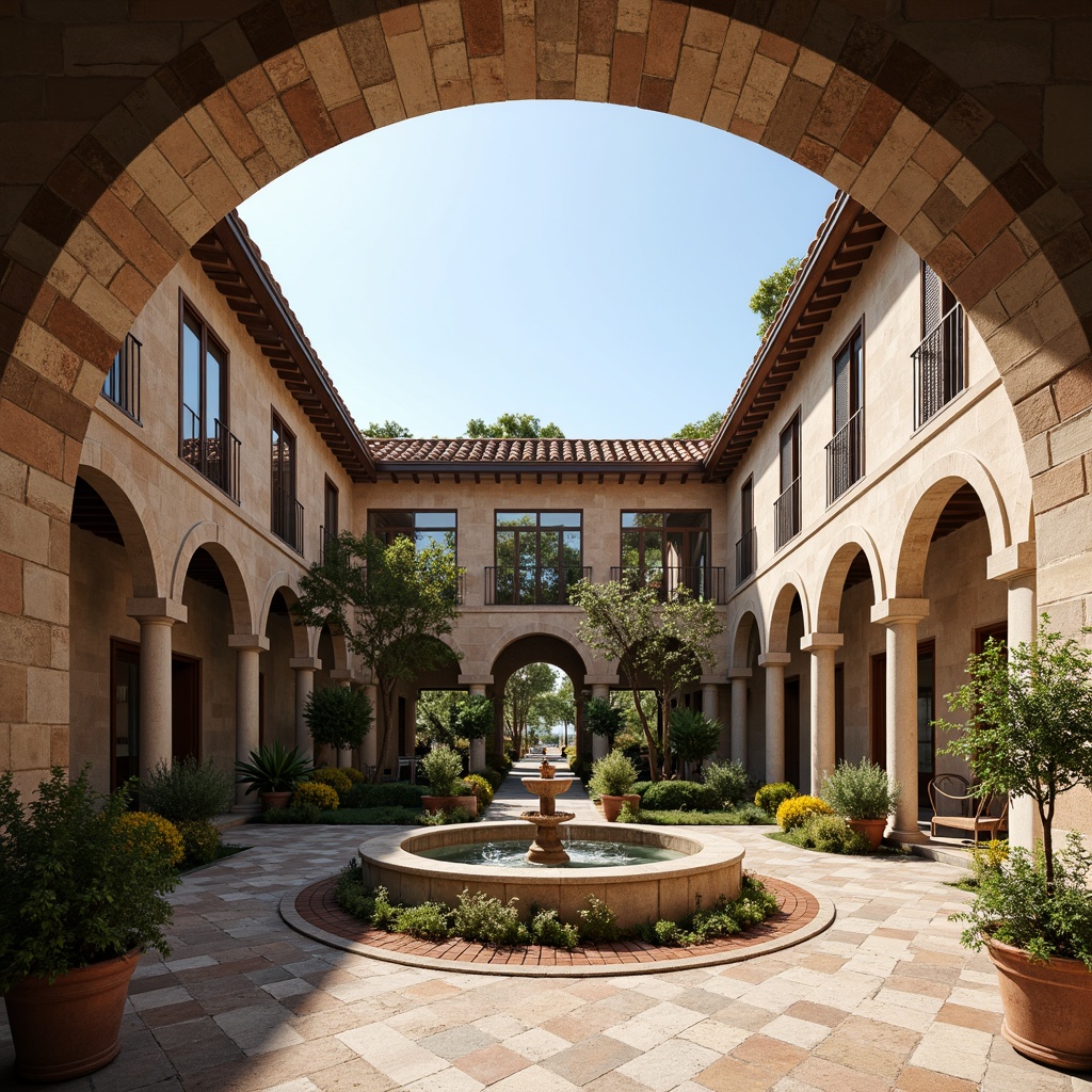 Prompt: Curved arches, ornate columns, rustic stone walls, terracotta roofs, wooden shutters, wrought iron balconies, decorative tile work, colorful ceramics, lush greenery, blooming flowers, sun-kissed courtyards, tranquil fountains, soft warm lighting, shallow depth of field, 3/4 composition, panoramic view, realistic textures, ambient occlusion.