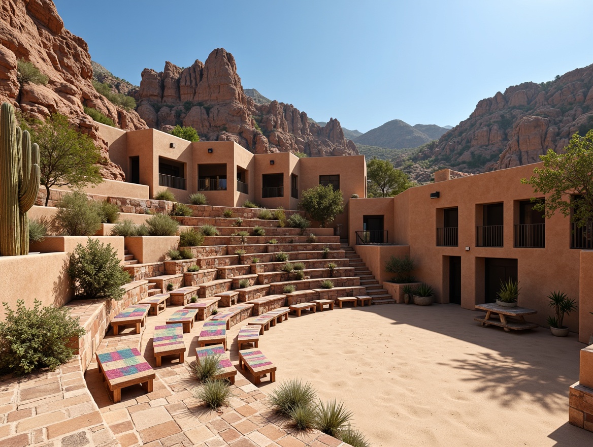 Prompt: Southwestern amphitheater, tiered seating arrangement, natural stone steps, wooden benches, colorful woven blankets, desert flora, cacti plants, sandy ground, clear blue sky, warm sunny day, dramatic rock formations, rustic wooden accents, earthy color palette, textured stucco walls, curved architecture, grand scale, symmetrical composition, atmospheric lighting, soft shadows, realistic textures, ambient occlusion.