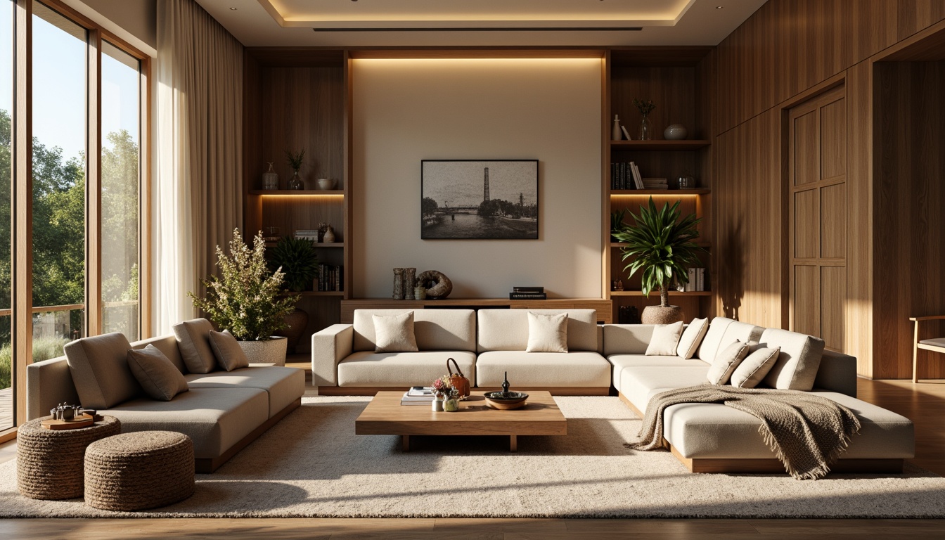 Prompt: Cozy living room, plush sofas, soft cushions, warm throw blankets, velvet fabrics, natural fibers, earthy tones, rich textures, comfortable seating, elegant drapery, floor-to-ceiling windows, abundant natural light, warm beige walls, dark wood accents, modern minimalist decor, subtle patterns, soothing colors, relaxing ambiance, soft focus, shallow depth of field, 1/2 composition, inviting atmosphere.