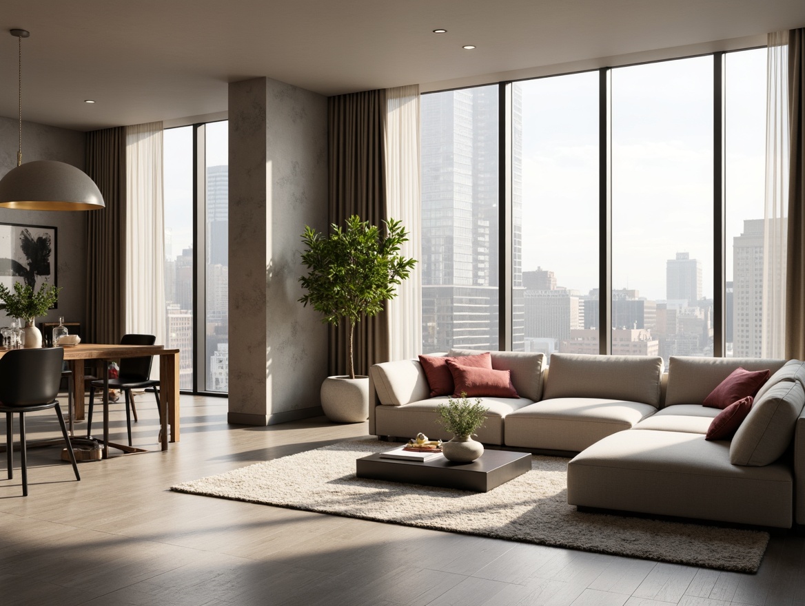 Prompt: Monochromatic interior, sleek lines, subtle color accents, soft pastel hues, bold contrasting furniture, rich textures, luxurious fabrics, velvet pillows, metallic side tables, minimalist decor, abundant natural light, floor-to-ceiling windows, urban cityscape views, morning sunlight, warm beige tones, creamy whites, deep charcoal grays, accent walls, geometric patterns, subtle gradients, 1/1 composition, shallow depth of field, realistic renderings.