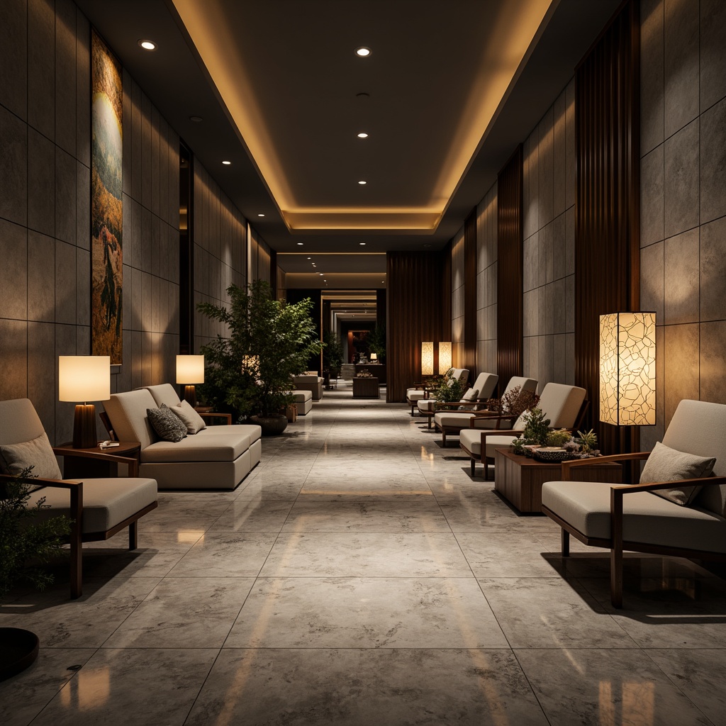 Prompt: Modern interior space, sleek furniture, polished marble floors, accent walls, recessed lighting, floor lamps, table lamps, pendant lights, crystal chandeliers, warm soft glow, cozy ambiance, dramatic shadows, 3/4 composition, shallow depth of field, realistic textures, ambient occlusion.