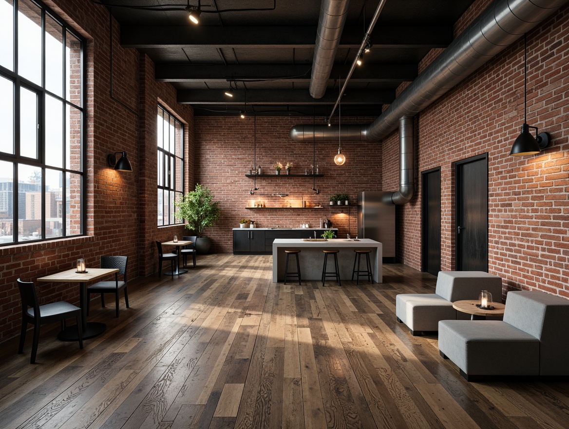 Prompt: Exposed brick walls, industrial metal accents, reclaimed wood floors, distressed metal beams, urban loft atmosphere, functional metal lighting, metallic color palette, minimalist decor, open concept layout, polished concrete surfaces, modern industrial furniture, sleek metal railings, Edison bulbs, moody dim lighting, shallow depth of field, 1/1 composition, realistic textures, ambient occlusion.