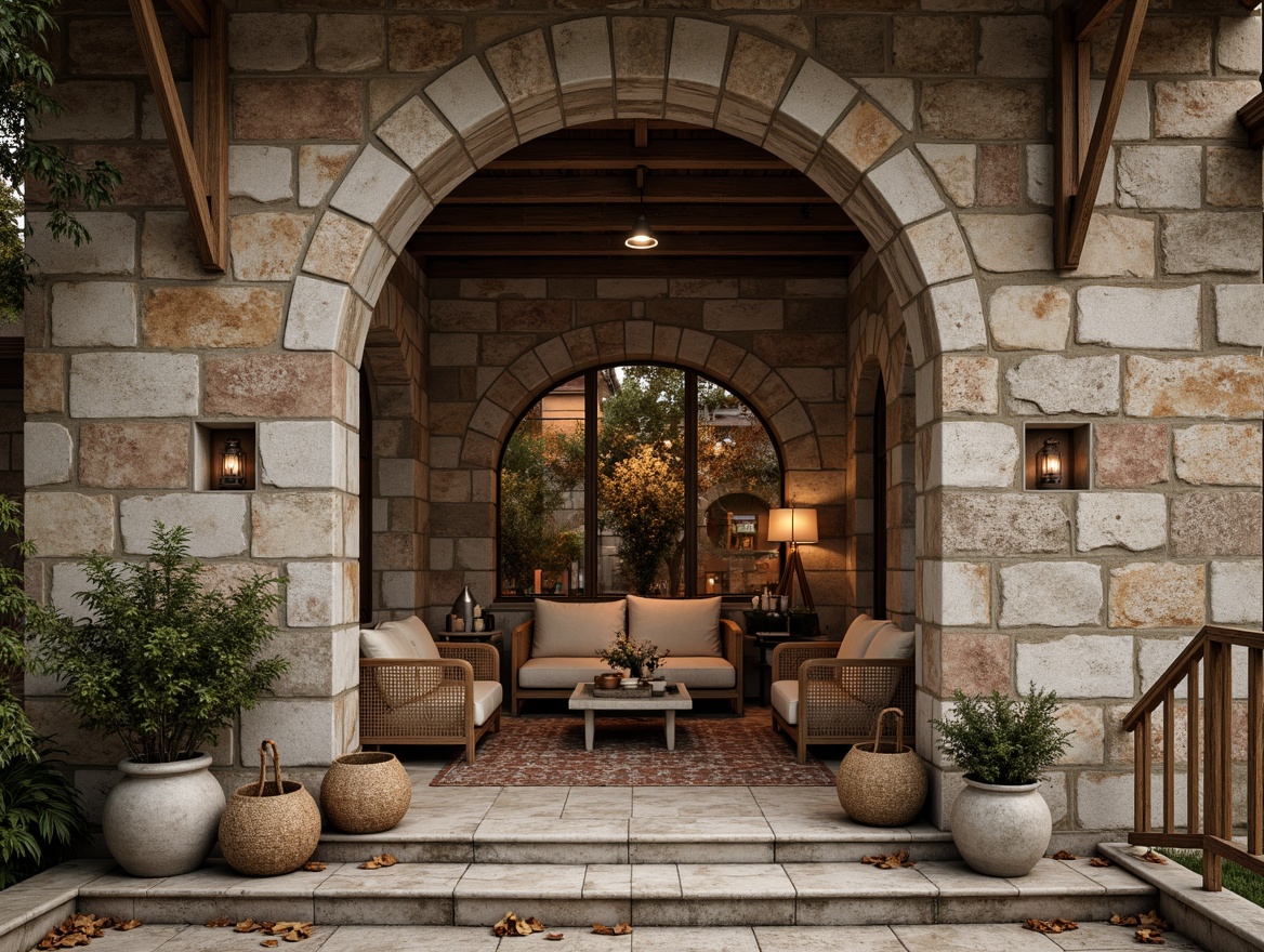 Prompt: Weathered stone walls, rustic wooden planks, distressed metal sheets, rough-hewn rock formations, intricate tile patterns, ornate mosaic designs, reflective glass surfaces, glossy ceramic finishes, matte concrete textures, natural fiber weavings, woven rattan furnishings, ambient shadows, warm soft lighting, 1/2 composition, shallow depth of field, atmospheric perspective.