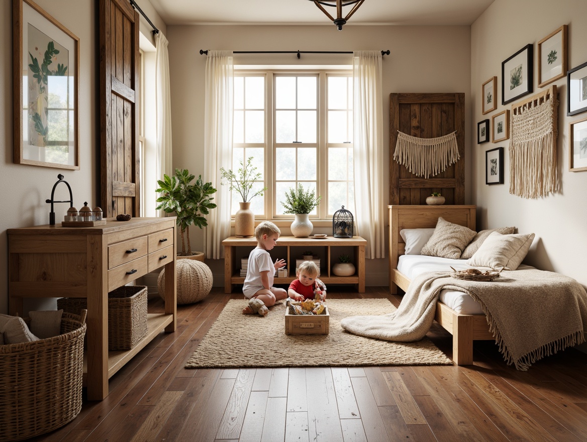 Prompt: Cozy kids' room, rustic wooden furniture, vintage toys, woven baskets, natural fiber rugs, earthy color palette, distressed wood accents, reclaimed barn doors, metal lanterns, soft warm lighting, plush throw blankets, whimsical wall art, nature-inspired accessories, pinecone decorations, woven macrame hangings, rattan storage bins, creamy white curtains, botanical prints, wooden picture frames, 1/1 composition, shallow depth of field, realistic textures.