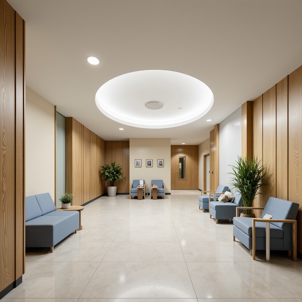 Prompt: Calming hospital interior, soft beige walls, warm wood accents, calming blue tones, natural light, comfortable seating areas, gentle curves, minimal ornamentation, sterile surfaces, sleek medical equipment, modern LED lighting, subtle texture variations, shallow depth of field, 2/3 composition, realistic renderings, ambient occlusion.