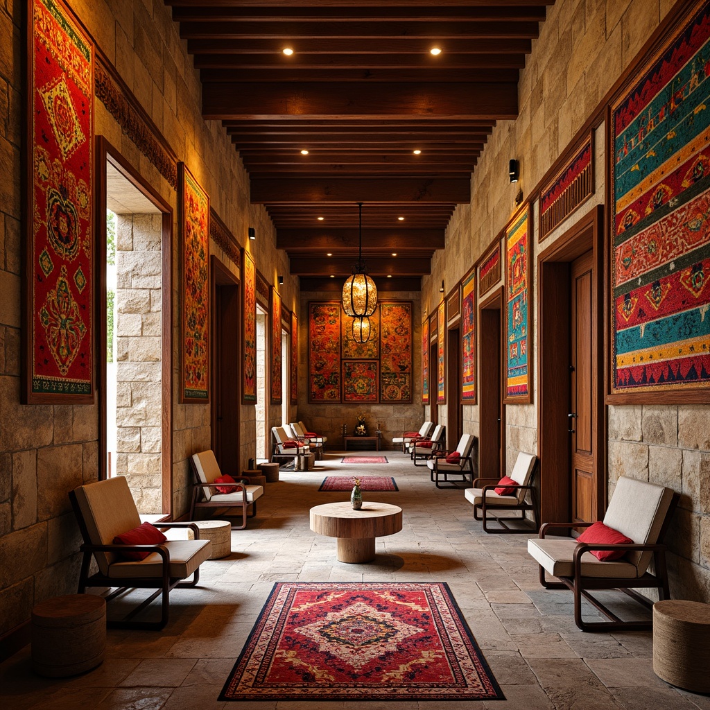 Prompt: Vibrant cultural center, rich ethnic patterns, warm earthy tones, bold color accents, traditional textile inspiration, intricate geometric motifs, natural stone walls, wooden accents, cozy atmospheric lighting, soft warm glow, shallow depth of field, 1/2 composition, realistic textures, ambient occlusion.