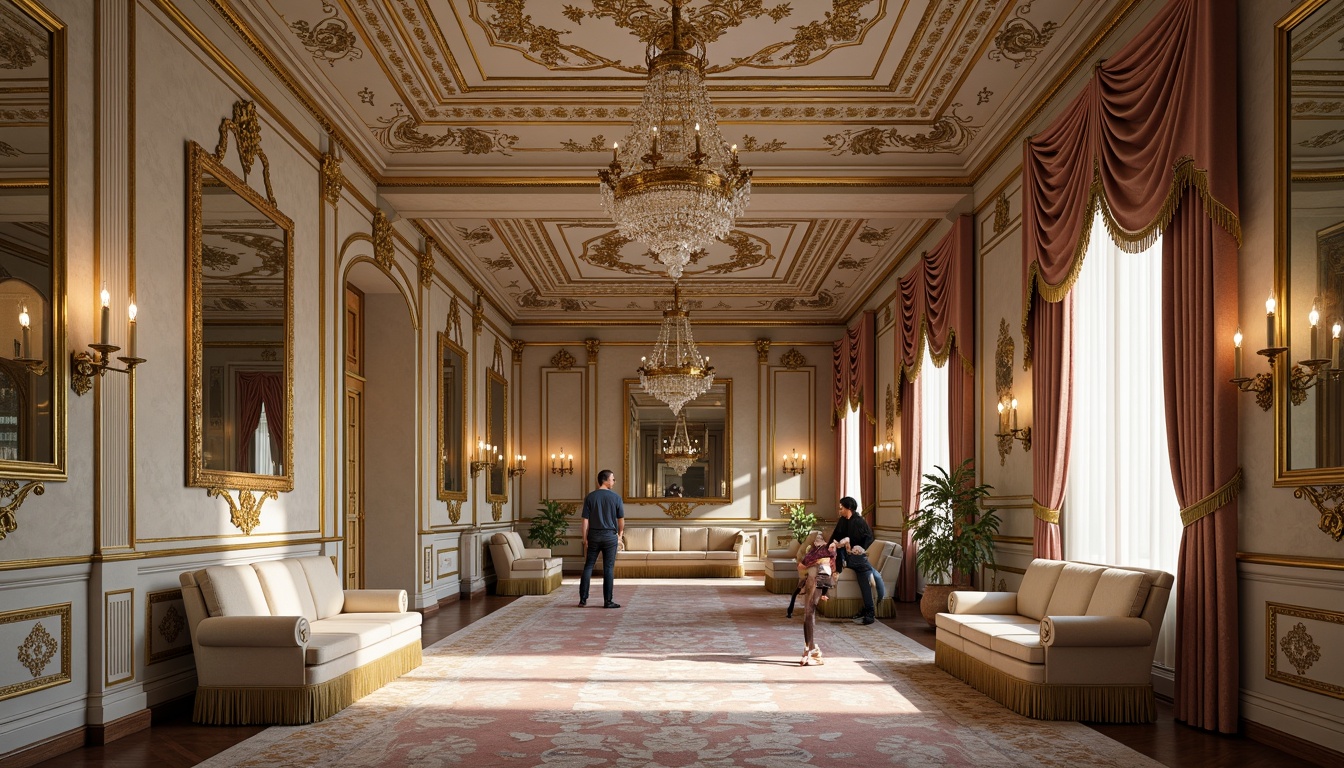 Prompt: Ornate palace interior, intricately carved wooden panels, gilded frames, ornamental mirrors, delicate stucco work, soft pastel colors, luxurious fabrics, velvet drapes, tassel trimmings, golden accents, crystal chandeliers, lavish furnishings, curved lines, asymmetrical compositions, dramatic lighting effects, warm candlelight, shallow depth of field, 1/2 composition, realistic textures, ambient occlusion.