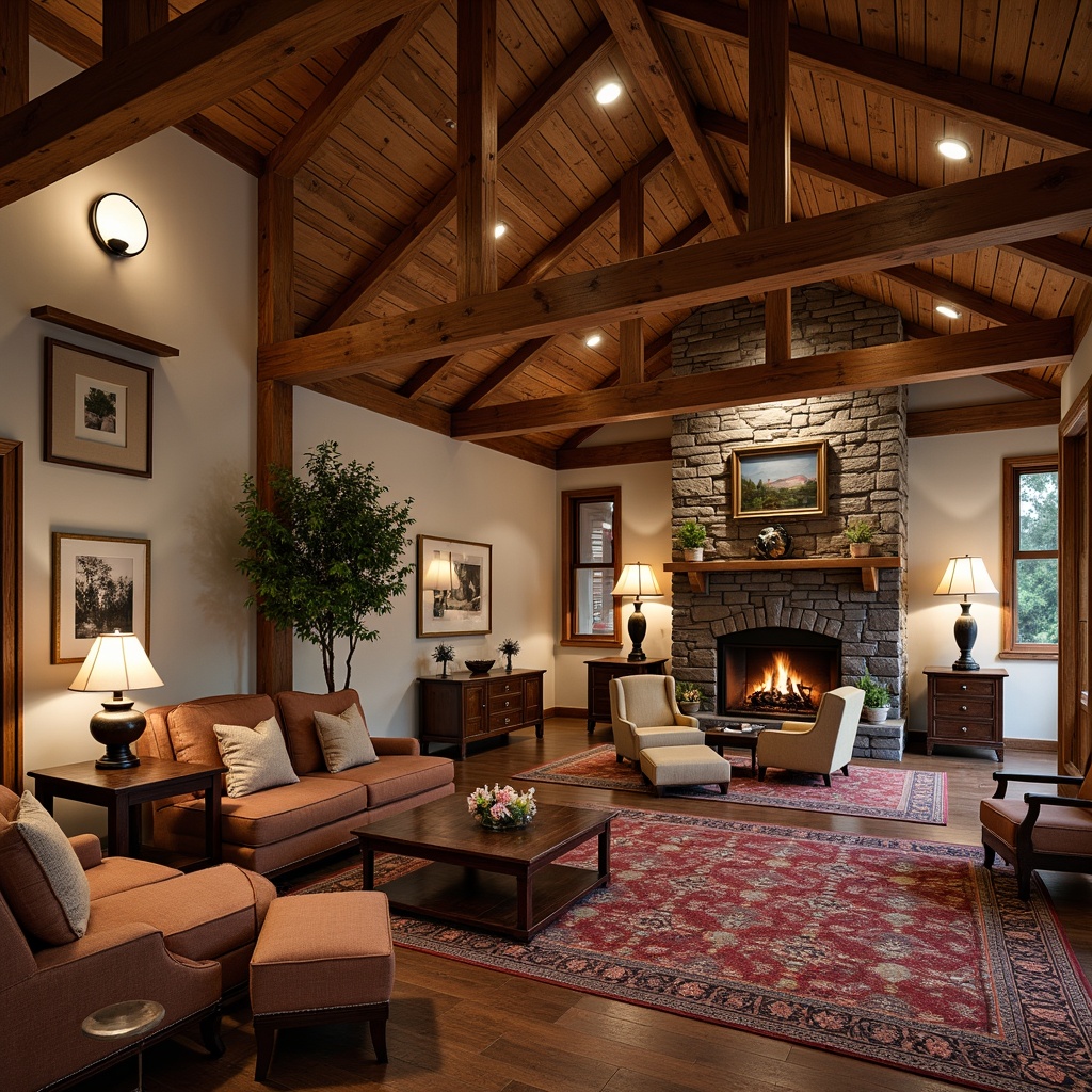 Prompt: Cozy hotel lobby, warm wooden accents, rustic stone fireplace, comfortable plush furniture, richly patterned rugs, earthy color palette, natural materials, handcrafted decorative trims, ornate wooden beams, exposed rafters, traditional craftsman details, inviting ambiance, soft warm lighting, shallow depth of field, 3/4 composition, realistic textures, ambient occlusion.