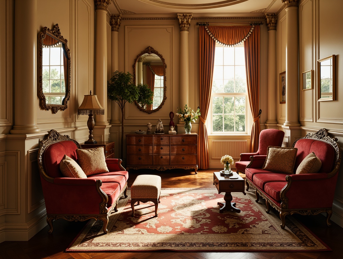 Prompt: Richly polished wooden furniture, velvet upholstery, ornate carvings, elegant curved legs, intricately patterned rugs, soft golden lighting, warm beige walls, classic columns, ornamental mirrors, luxurious drapery, lavish chandeliers, sophisticated color palette, refined textures, subtle sheen, 1/2 composition, harmonious balance, serene ambiance, realistic reflections.