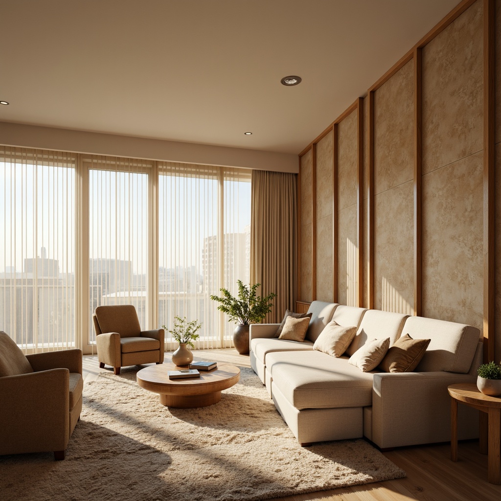 Prompt: Cozy living room, soft plush carpet, comfortable sofas, warm beige walls, acoustic panels with wooden frames, sound-absorbing materials, calming ambiance, peaceful atmosphere, natural wood accents, floor-to-ceiling windows, sheer curtains, warm lighting, 1/2 composition, shallow depth of field, realistic textures, ambient occlusion.