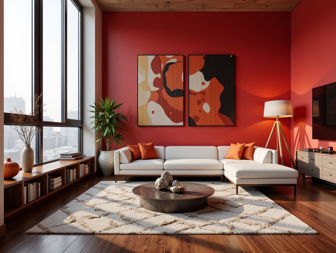 Prompt: Vibrant living room, bold red accent wall, modern minimalist furniture, sleek glass coffee table, plush throw pillows, rich walnut wood flooring, natural stone vase, geometric patterned rug, soft warm lighting, cozy reading nook, floor-to-ceiling windows, urban city view, 1/1 composition, shallow depth of field, realistic textures, ambient occlusion.