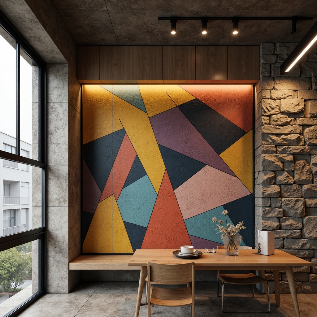 Prompt: Textured wall finishes, abstract artwork, geometric patterns, bold color blocking, metallic accents, natural stone features, reclaimed wood panels, modern minimalism, industrial chic, urban loft vibes, atmospheric lighting, subtle shadowing, 1/1 composition, soft focus, realistic textures, ambient occlusion.