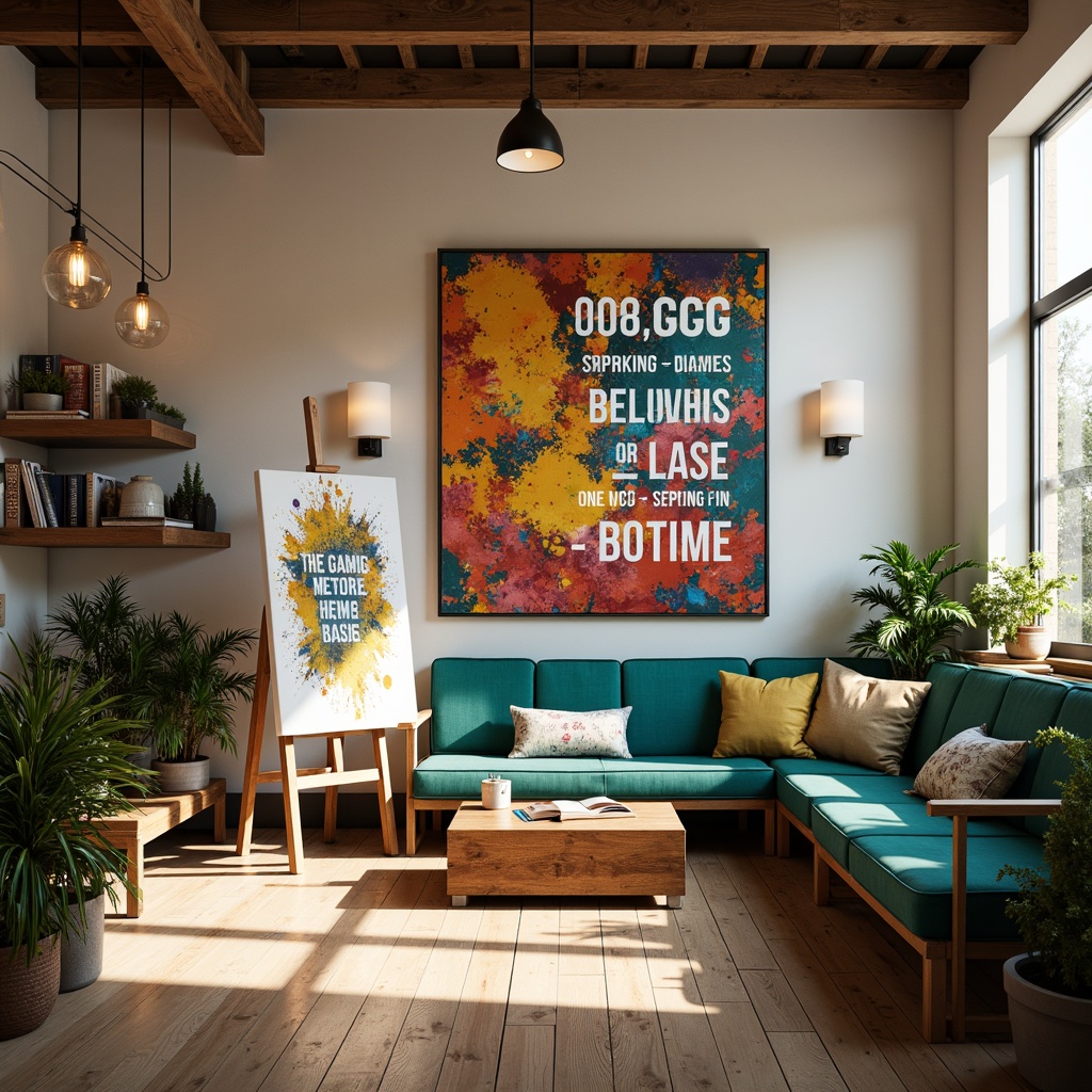 Prompt: Vibrant modern art studio, eclectic color palette, bold brushstrokes, textured canvas, artistic easel, inspirational quotes, natural wood floors, industrial metal tables, chic pendant lights, cozy reading nook, comfortable cushions, pastel-colored walls, warm beige tones, rich turquoise accents, metallic gold details, soft diffused lighting, atmospheric ambiance, 1/1 composition, dramatic shadows, high-contrast colors.