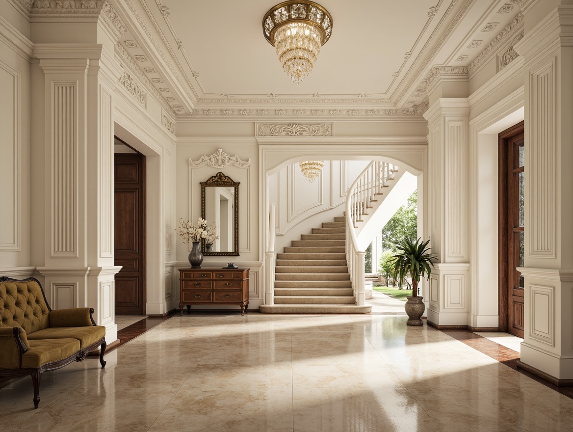 Prompt: Luxurious interior design, ornate moldings, intricately carved details, creamy white walls, rich wood paneling, polished marble floors, crystal chandeliers, velvet upholstery, tufted furniture, gilded accents, subtle lighting, warm beige tones, inviting atmosphere, elegant archways, sweeping staircases, refined proportions, harmonious balance, 3/4 composition, soft focus, realistic textures.