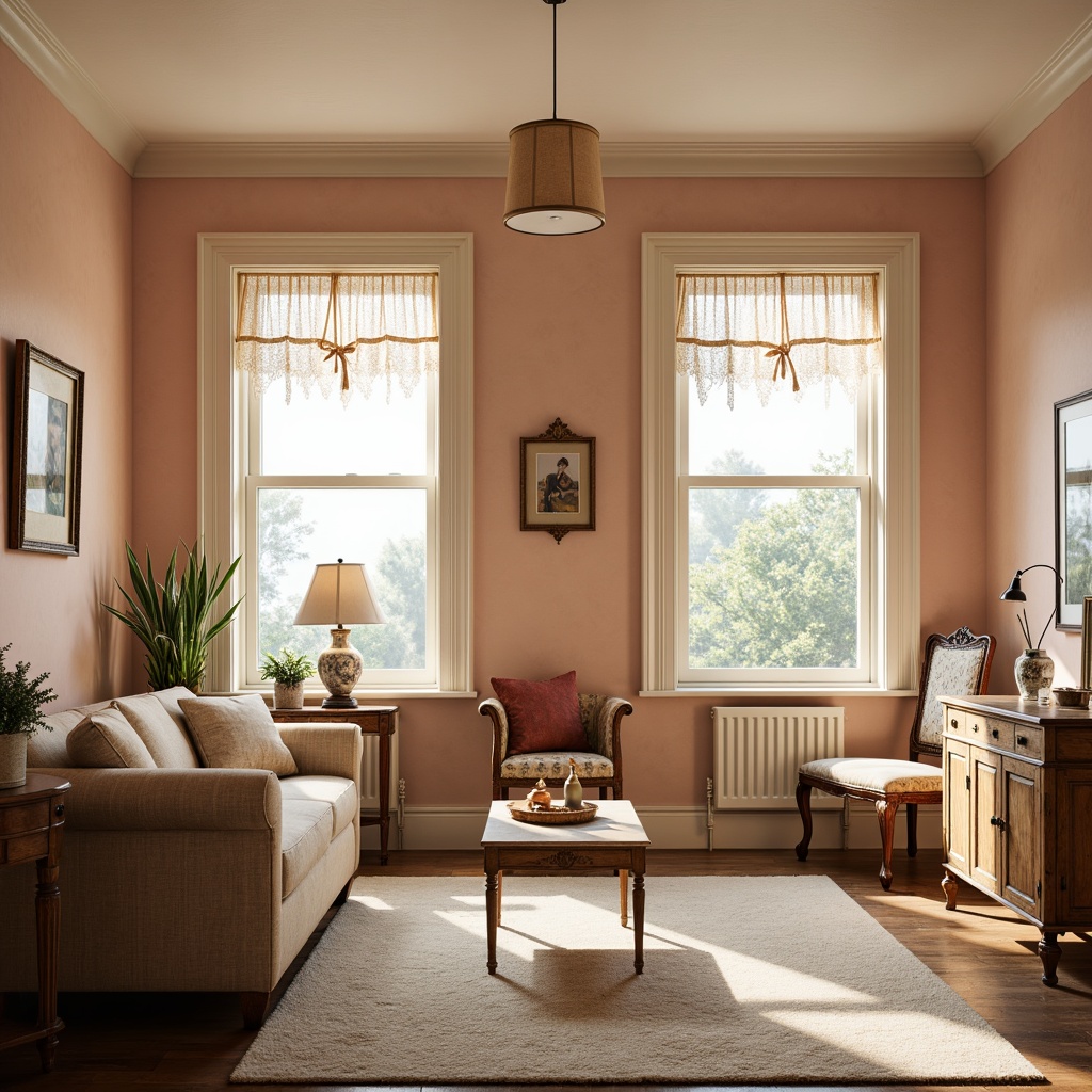 Prompt: \Soft peach walls, distressed wood furniture, vintage decorative accents, creamy white trim, floral patterns, lace curtains, antique bronze hardware, warm beige carpets, natural light pouring in, shallow depth of field, 1/2 composition, realistic textures, ambient occlusion.\