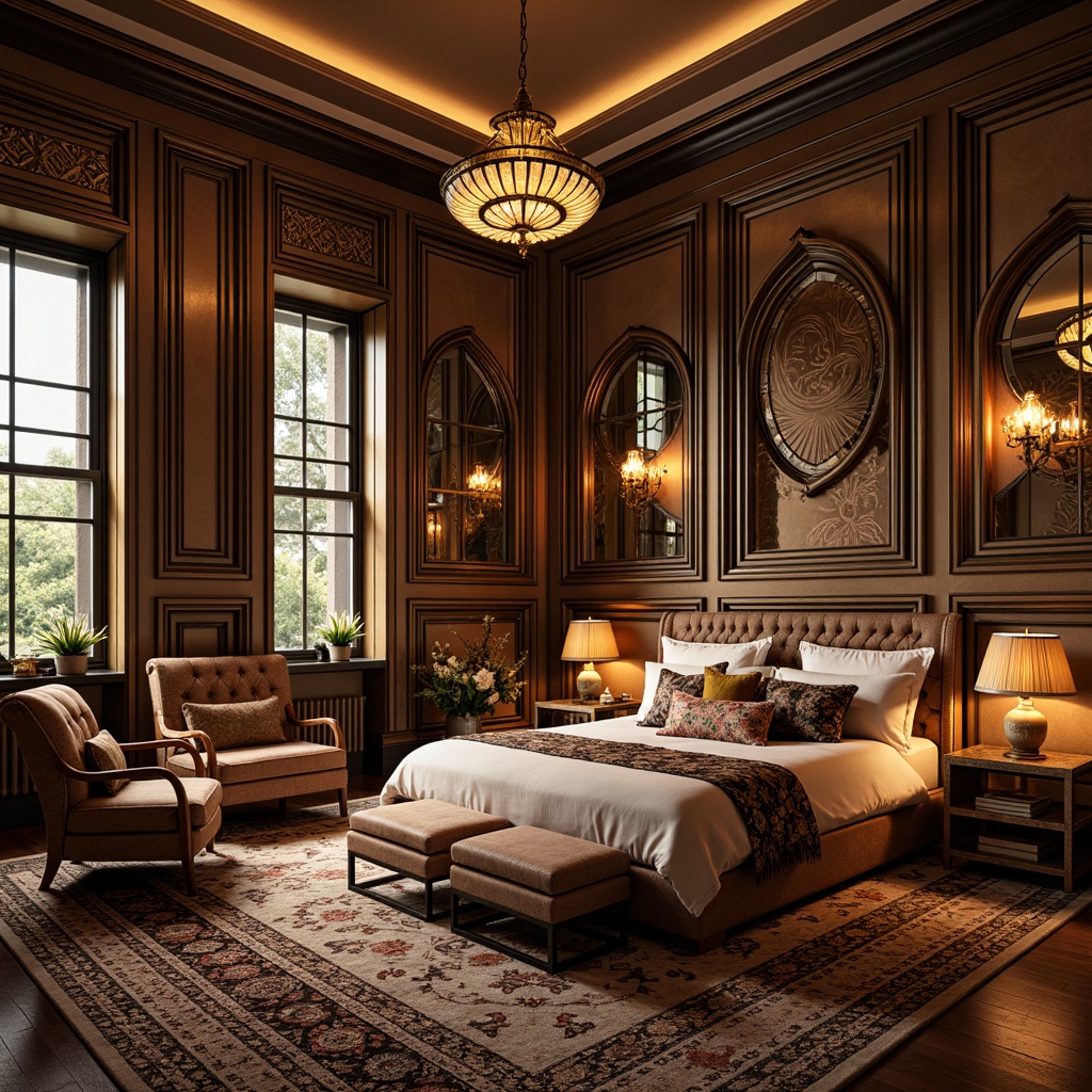 Prompt: Luxurious bedroom, opulent furnishings, bold geometric patterns, metallic accents, ornate mirrors, lavish textiles, rich wood tones, statement lighting fixtures, sunburst motifs, chevron designs, zigzag patterns, curved lines, glamorous atmosphere, warm golden lighting, shallow depth of field, 1/1 composition, high-contrast rendering, intricate details, ornamental decorations.