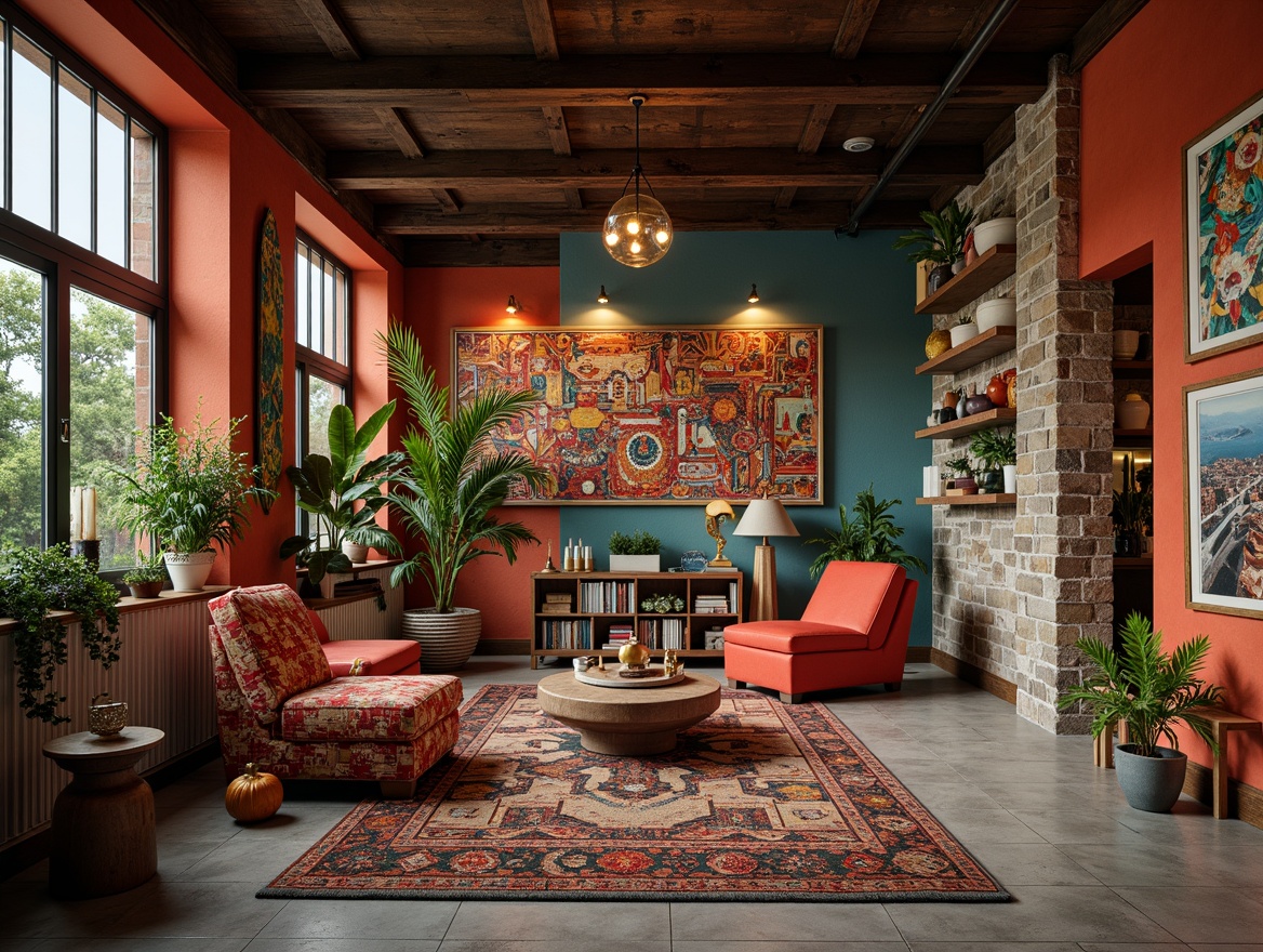 Prompt: Vibrant eclectic room, statement walls, bold geometric patterns, contrasting textures, distressed finishes, industrial chic accents, reclaimed wood planks, abstract artwork, colorful tapestries, oversized furniture, lush greenery, natural stone features, metallic accents, Edison bulb lighting, warm ambient glow, shallow depth of field, 1/1 composition, realistic renderings.