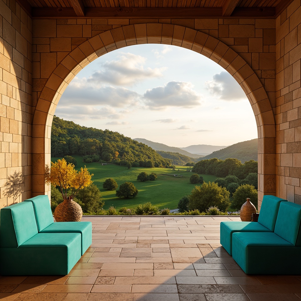 Prompt: Vibrant turquoise seats, warm beige stone walls, lush green grassy hills, majestic arching architecture, rustic wooden accents, earthy terracotta flooring, soft warm lighting, dramatic shadows, panoramic views, 3/4 composition, realistic textures, ambient occlusion, natural stone pathways, scenic overlooks, stunning sunset backdrops.