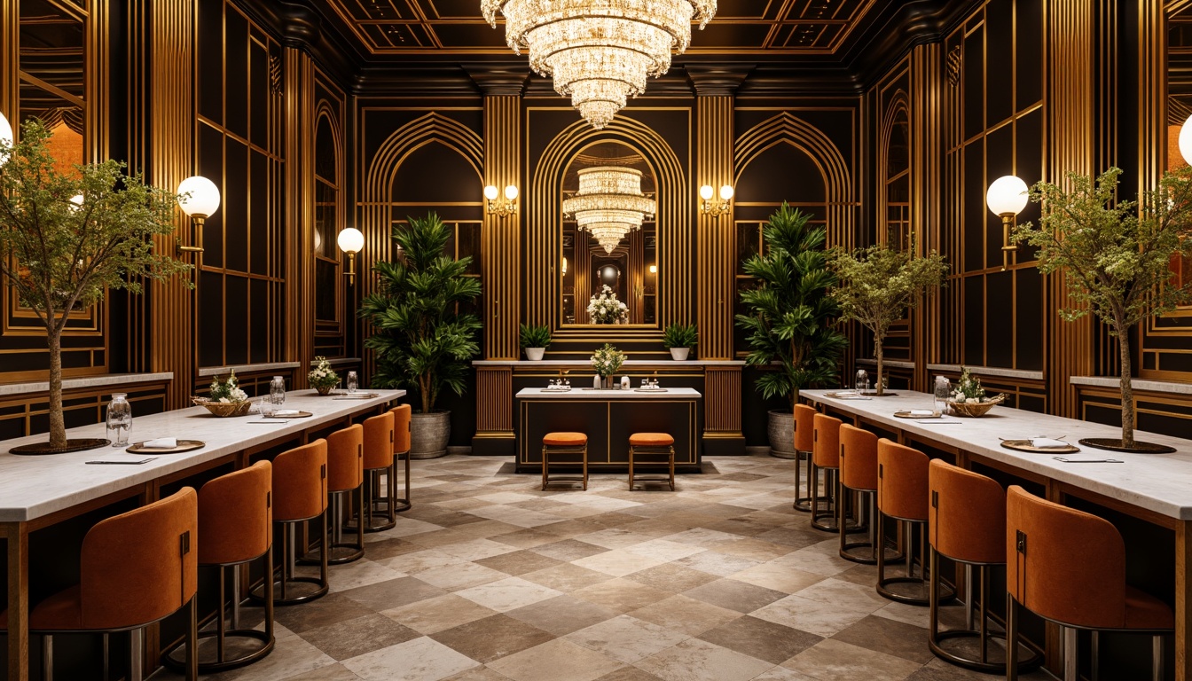 Prompt: Opulent art deco interior, luxurious golden accents, bold black outlines, rich jewel-toned walls, lavish velvet fabrics, ornate geometric patterns, metallic chrome fixtures, sleek marble countertops, glamorous crystal chandeliers, warm soft lighting, shallow depth of field, 1/1 composition, symmetrical layout, highly detailed textures, ambient occlusion.