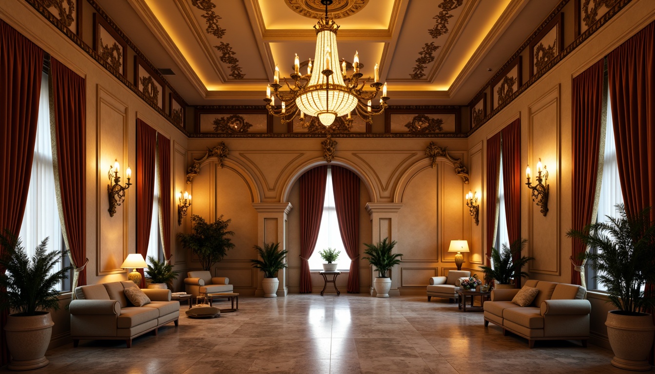 Prompt: Elegant chandeliers, ornate sconces, warm golden lighting, rich velvet drapes, marble floors, intricate moldings, decorative archways, lavish furnishings, ornamental mirrors, subtle cove lighting, recessed ceiling details, symmetrical compositions, 1/1 aspect ratio, softbox lighting, realistic reflections, ambient occlusion, Neoclassical interior design elements.