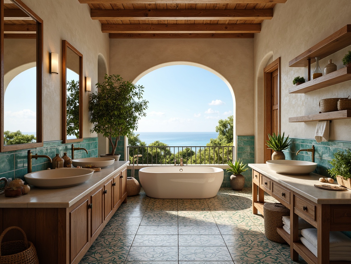 Prompt: Mediterranean-style bathroom, ornate tiles, turquoise accents, natural stone walls, wooden cabinetry, bronze faucets, woven baskets, potted plants, soft warm lighting, large windows, ocean views, serene ambiance, minimal ornamentation, earthy color palette, textured glass countertops, decorative mirrors, rustic wooden shelves, Mediterranean-inspired patterns, warm beige tones, calming atmosphere.