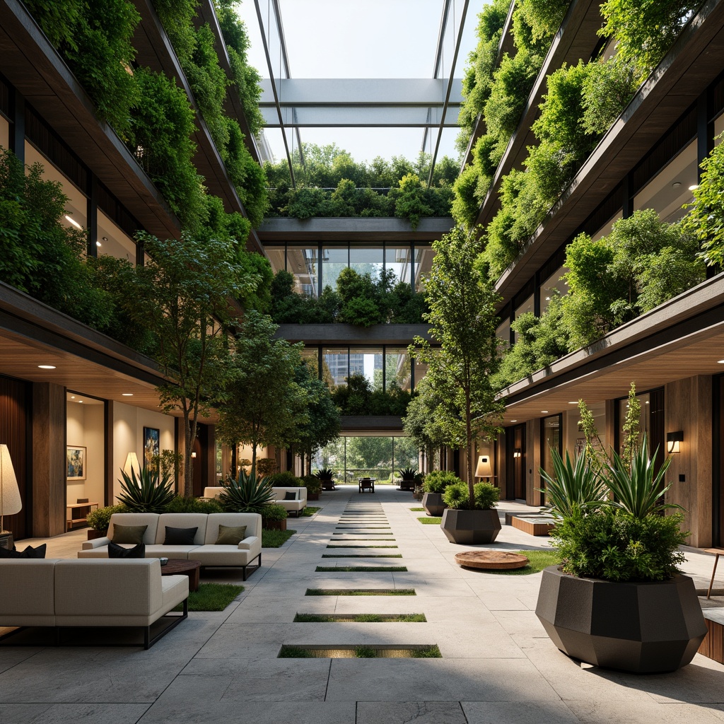 Prompt: Sleek modern interior, lush green walls, natural stone flooring, wooden accents, vibrant tropical plants, elegant water features, soft warm lighting, cozy seating areas, geometric planters, artistic sculptures, floor-to-ceiling windows, urban jungle atmosphere, calming ambiance, shallow depth of field, 1/2 composition, realistic textures, ambient occlusion.