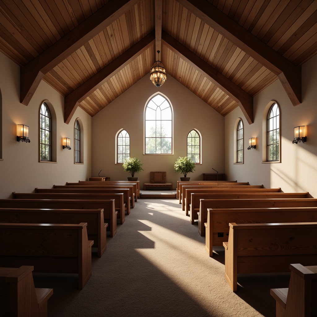 Prompt: Intimate worship space, wooden pews, stained glass windows, vaulted ceilings, warm natural light, soft carpeting, subtle color palette, minimal reverberation, optimal speaker placement, clear sound projection, balanced frequency response, enhanced vocal clarity, reduced echo, warm ambiance, cozy atmosphere, natural materials, rustic wood accents, elegant chandeliers, gentle lighting, peaceful surroundings, serene atmosphere, 1/2 composition, shallow depth of field, soft focus, realistic textures.