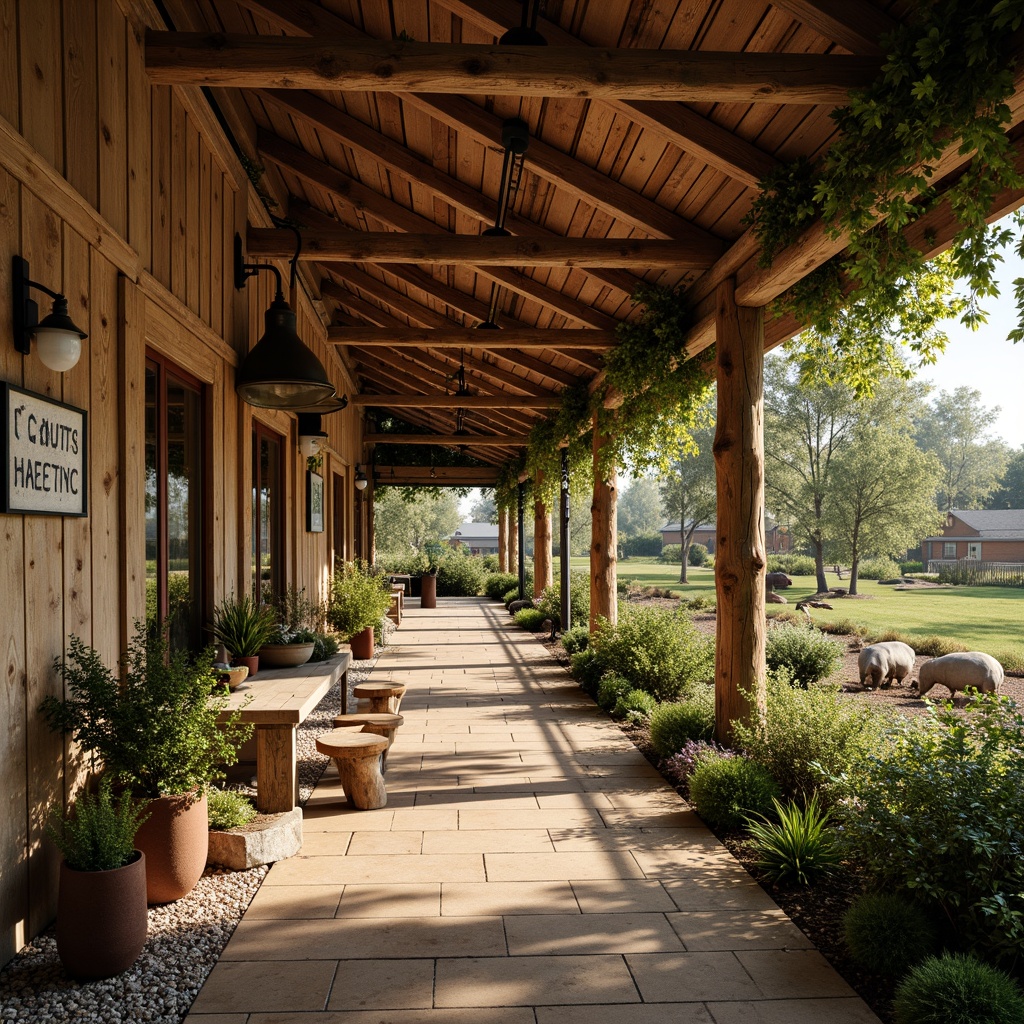 Prompt: Rustic farmhouse, warm earthy tones, natural wood accents, vintage metal fixtures, distressed stone walls, lush greenery, exotic animal enclosures, wooden fencing, country-style signage, warm sunny day, soft diffused lighting, shallow depth of field, 1/2 composition, realistic textures, ambient occlusion.