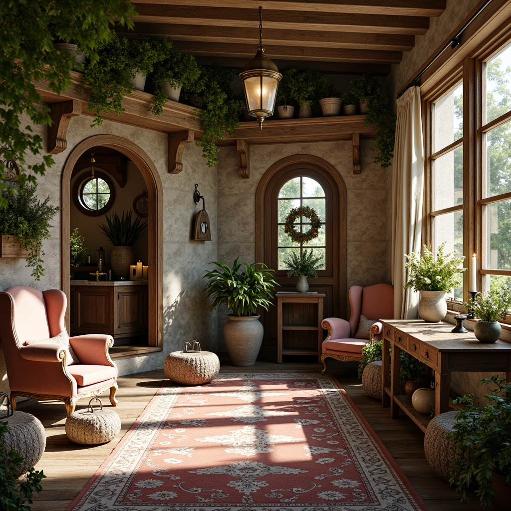 Prompt: Whimsical cottage, ornate wooden doorways, distressed finishes, vintage metal lanterns, overflowing flower boxes, delicate lace curtains, rustic stone walls, ivy-covered chimneys, soft warm candlelight, cozy reading nooks, plush velvet armchairs, richly patterned rugs, elegant candelabras, frosted glass vases, antique furniture pieces, ornamental mirrors, lush greenery, sunny afternoon, shallow depth of field, 1/2 composition, intimate atmosphere.