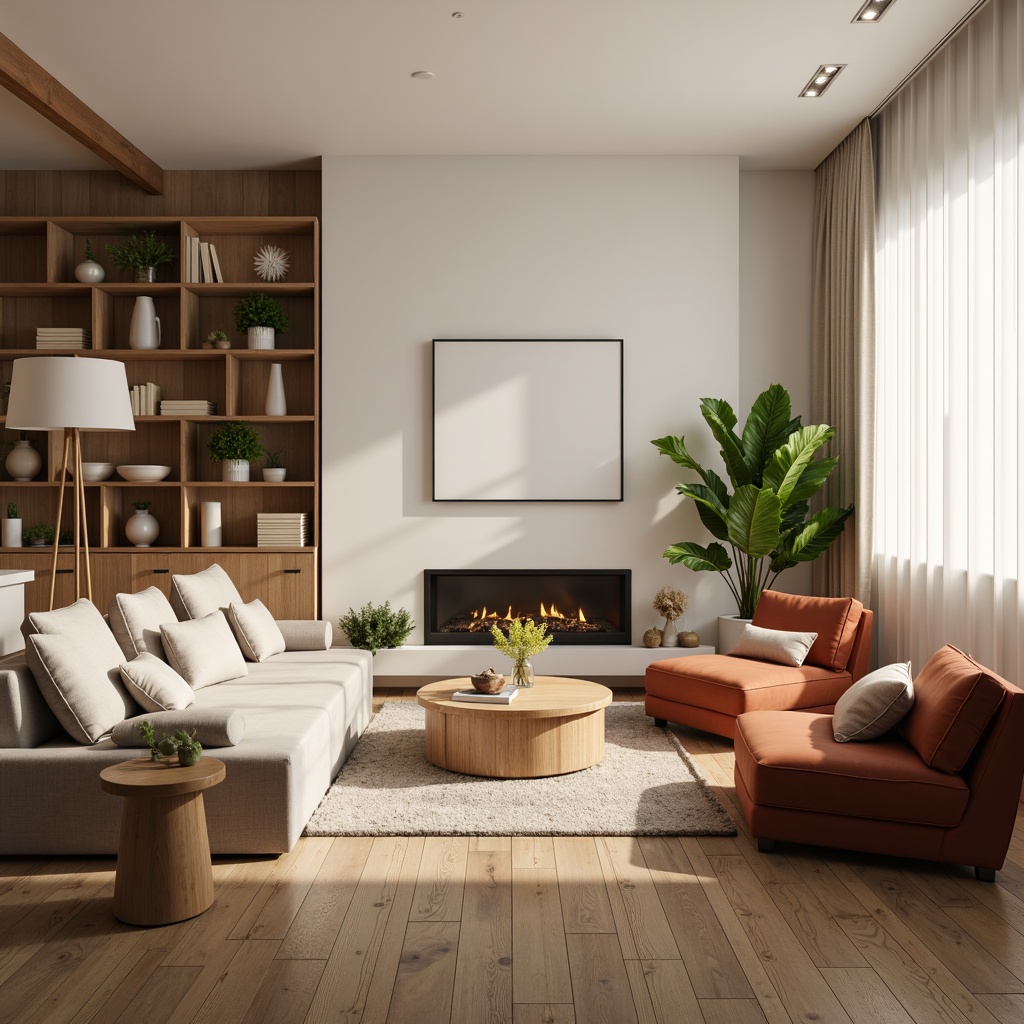 Prompt: Cozy living room, plush sofas, velvet armchairs, wooden coffee tables, minimalist decor, soft warm lighting, creamy white walls, natural wood flooring, comfortable pillows, functional shelving units, elegant floor lamps, stylish vases, lush green plants, tranquil ambiance, shallow depth of field, 1/1 composition, realistic textures, ambient occlusion.