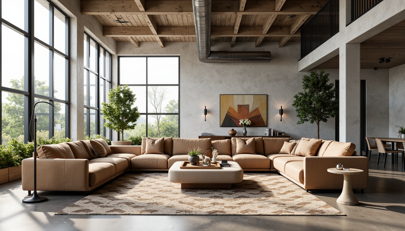 Prompt: Curved lines, sleek metal frames, reclaimed wood accents, plush velvet upholstery, minimalist coffee tables, geometric-patterned rugs, floor-to-ceiling windows, natural light flooding, airy open spaces, modern abstract art pieces, industrial-chic lighting fixtures, polished concrete floors, warm beige color palette, comfortable sectional sofas, oversized potted plants, urban loft atmosphere, soft ambient lighting, shallow depth of field, 1/1 composition, realistic textures, subtle reflections.