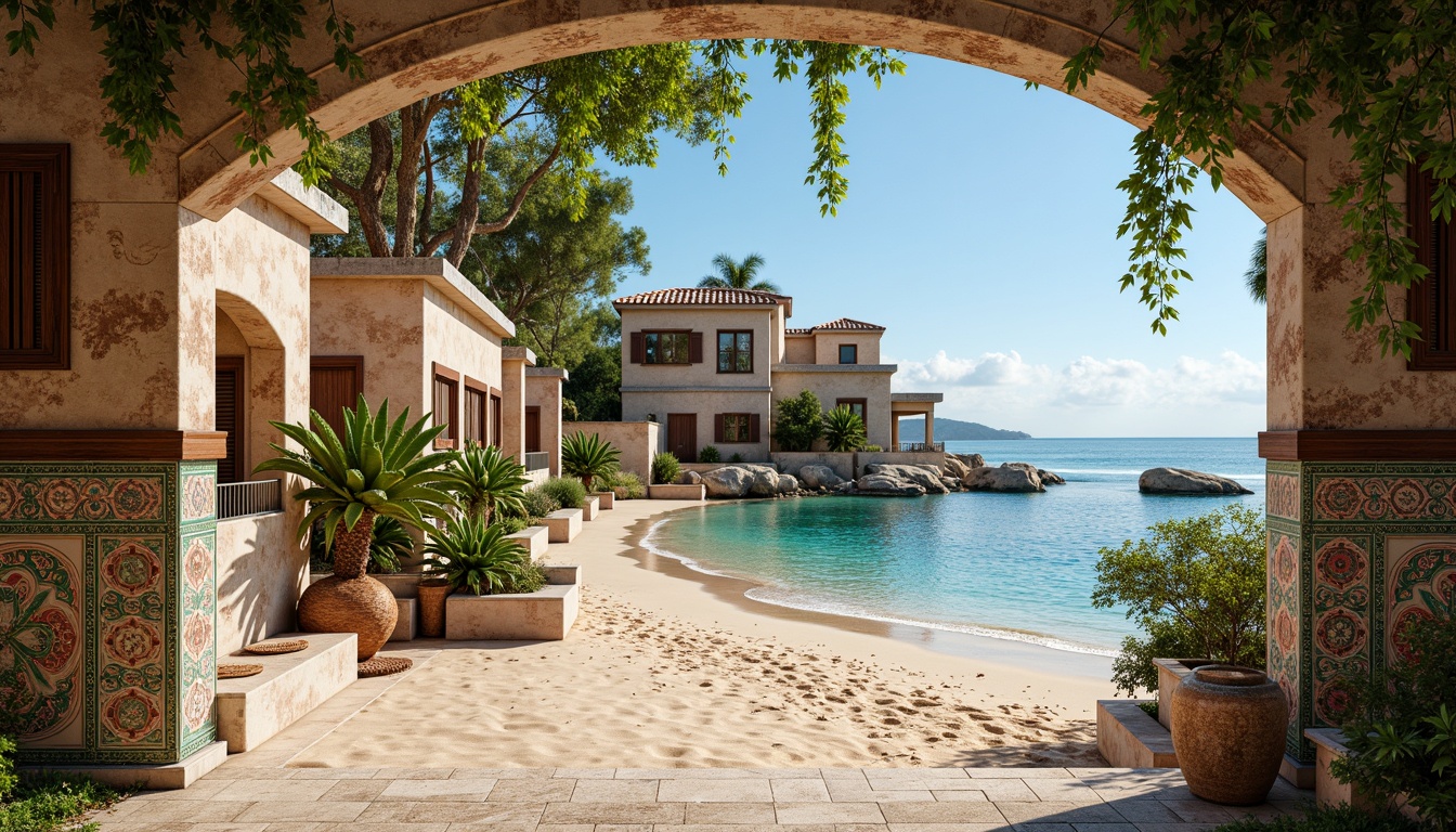 Prompt: Warm sandy beaches, turquoise Mediterranean Sea, rustic stone walls, ornate decorative arches, curved lines, Moorish influences, intricate tile work, vibrant colorful ceramics, lush greenery, climbing vines, wooden shutters, terra cotta roofs, soft warm lighting, shallow depth of field, 3/4 composition, panoramic view, realistic textures, ambient occlusion.