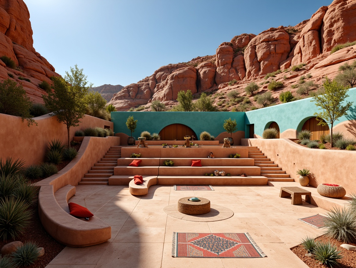 Prompt: Earthy southwestern amphitheater, terracotta seating, sandy beige walkways, turquoise accent walls, vibrant red rock formations, cacti and succulent plants, warm sunny day, clear blue sky, rustic wooden benches, natural stone retaining walls, earthy tone concrete floors, colorful woven textiles, geometric patterned rugs, warm soft lighting, dramatic shadowing, 3/4 composition, realistic textures, ambient occlusion.