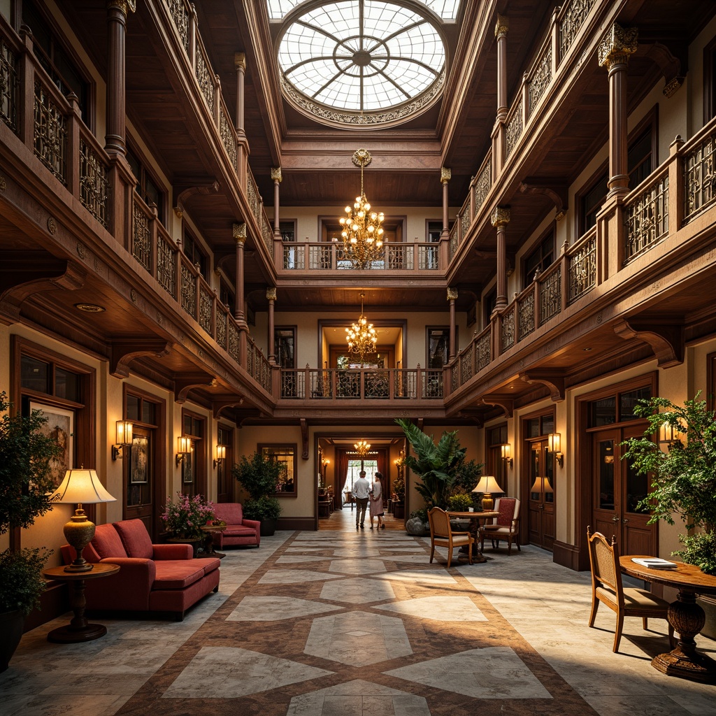 Prompt: Intricate Victorian-era inspired mansion, ornate facade, grand entrance, carved wooden doors, decorative stone columns, elegant balconies, lavish chandeliers, opulent furnishings, rich velvet drapes, intricate moldings, gilded accents, marble floors, high ceilings, dramatic staircases, warm golden lighting, shallow depth of field, 1/2 composition, soft focus, realistic textures.