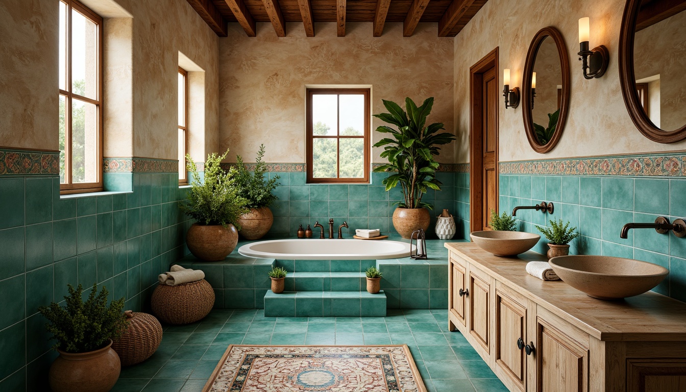 Prompt: Mediterranean-style bathroom, turquoise ceramic tiles, natural stone walls, wooden accents, woven baskets, potted plants, soft warm lighting, ornate metal fixtures, antique bronze faucets, distressed wood cabinets, shell-shaped sinks, decorative mirrors, mosaic inlays, earthy color palette, Mediterranean-inspired textiles, lush greenery, calming ambiance, shallow depth of field, 3/4 composition, realistic textures.