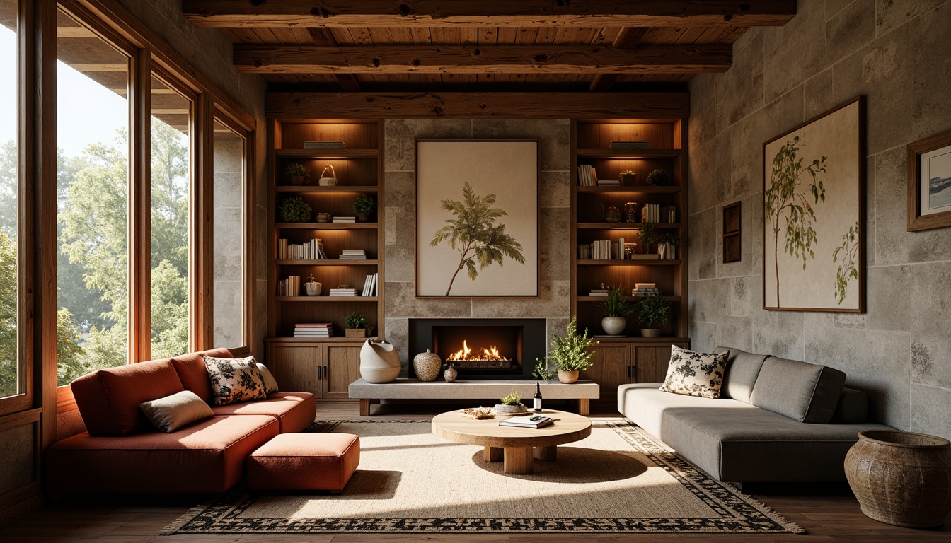 Prompt: Rustic wooden accents, exposed beams, natural stone walls, earthy color palette, warm ambient lighting, cozy reading nooks, plush velvet furniture, woven textiles, geometric patterns, botanical prints, distressed wood finishes, metal hardware details, soft warm glow, shallow depth of field, 3/4 composition, realistic textures, ambient occlusion.