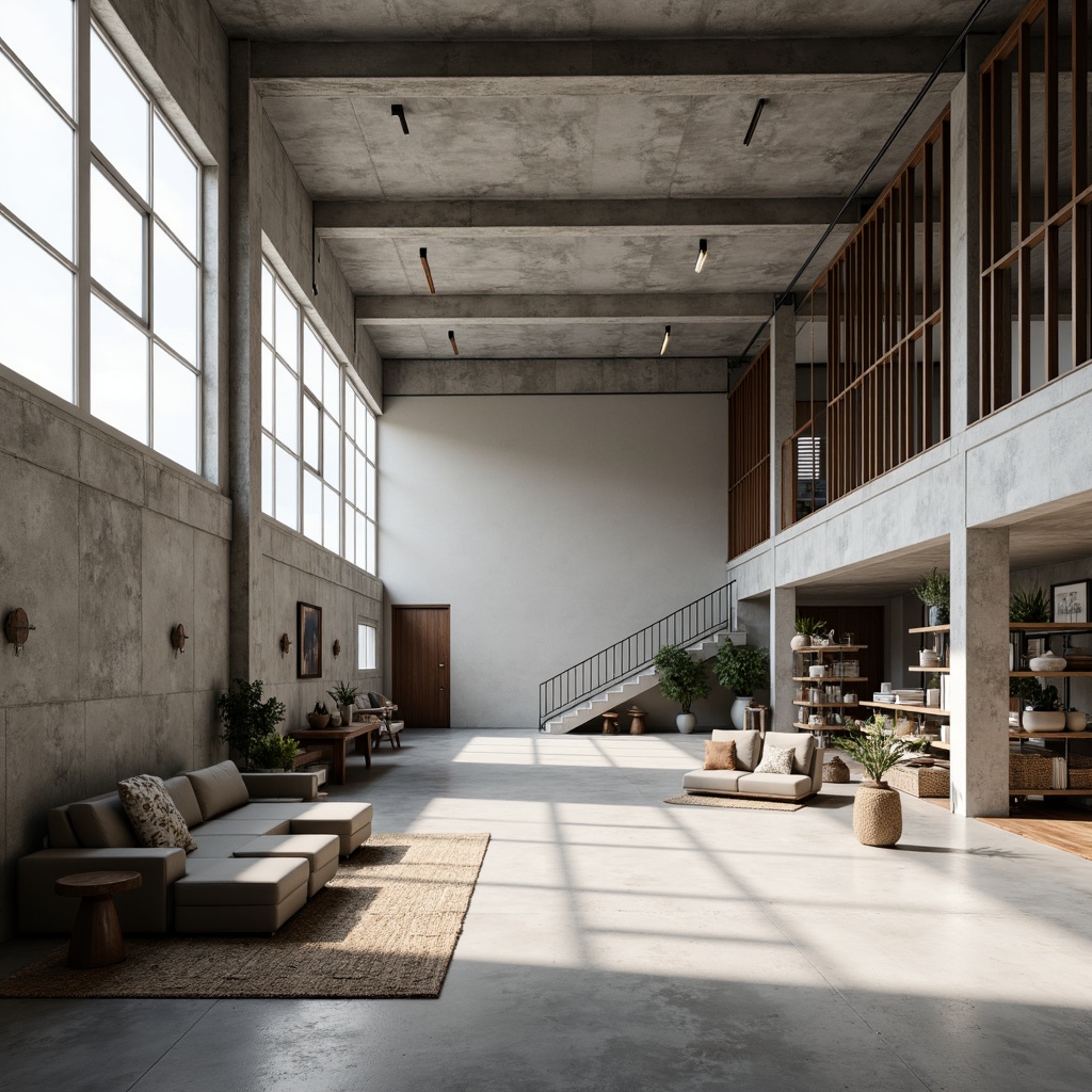 Prompt: Minimalist warehouse interior, Nordic industrial aesthetic, exposed concrete floors, high ceilings, open spaces, natural light pouring in, metal beams, wooden accents, functional shelving units, Scandinavian-style furniture, monochromatic color scheme, modern industrial lighting, airy atmosphere, shallow depth of field, 1/1 composition, realistic textures, ambient occlusion.