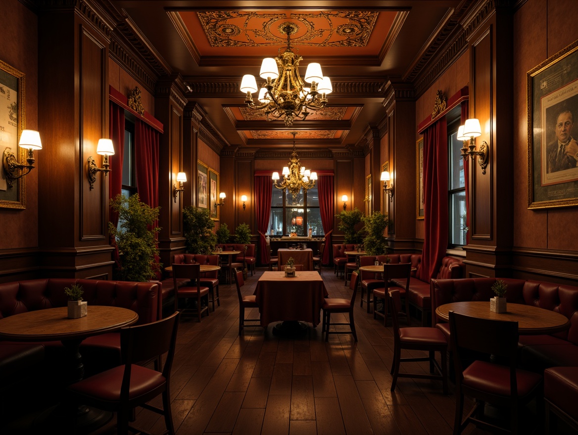 Prompt: Dimly lit Victorian bar, ornate chandeliers, bronze sconces, warm candlelight, rich wood tones, velvet drapes, intricate moldings, antique furniture, luxurious fabrics, vintage posters, distressed finishes, warm golden lighting, soft shadows, 1/2 composition, low-key lighting, realistic textures, ambient occlusion.