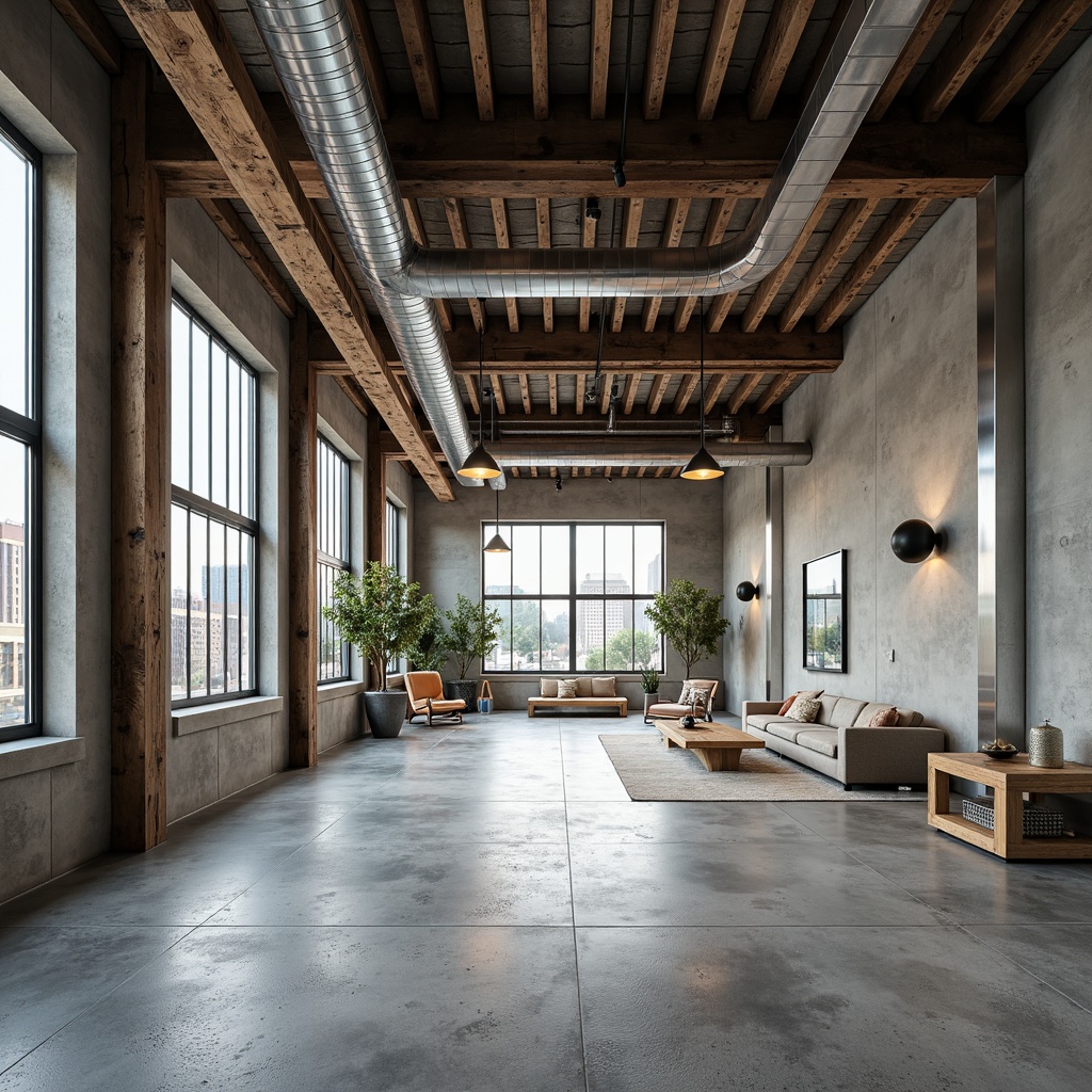 Prompt: Exposed ductwork, polished concrete floors, industrial chic aesthetic, modern metal beams, reclaimed wood accents, sleek steel columns, minimalist decor, functional lighting fixtures, urban loft atmosphere, neutral color palette, distressed textures, metallic tones, rustic charm, high ceilings, open spaces, airy ambiance, natural light pouring in, shallow depth of field, 1/1 composition, realistic reflections.